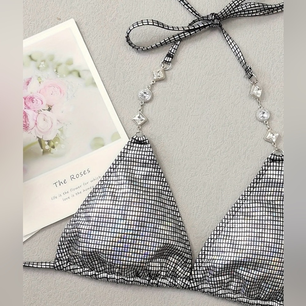 Silver Halter Rhinestone Studded Tie Sides Bikini Set - Picture 3 of 7